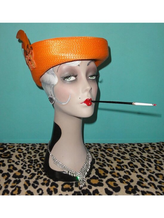 Vintage Orange Pillbox Hat w/ Feathers Sequins Butterfly pinup retro church 1960 main image 4